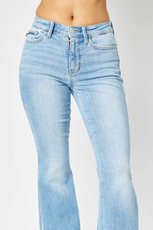 Judy Blue Full Size Mid Rise Raw Hem Slit Flare Jeans - Hovatok