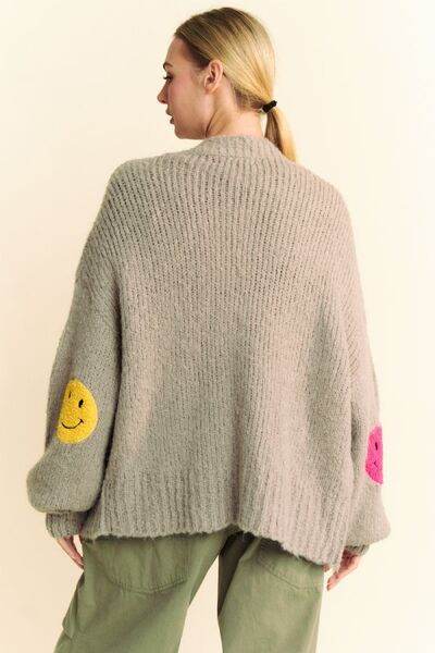 Davi & Dani Fuzzy Smile Open Front Long Sleeve Cardigan - Hovatok