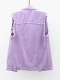Full Size Button Down Raw Hem Sleeveless Denim Jacket Plus Size - Hovatok