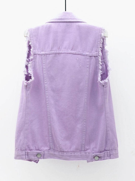 Full Size Button Down Raw Hem Sleeveless Denim Jacket Plus Size - Hovatok