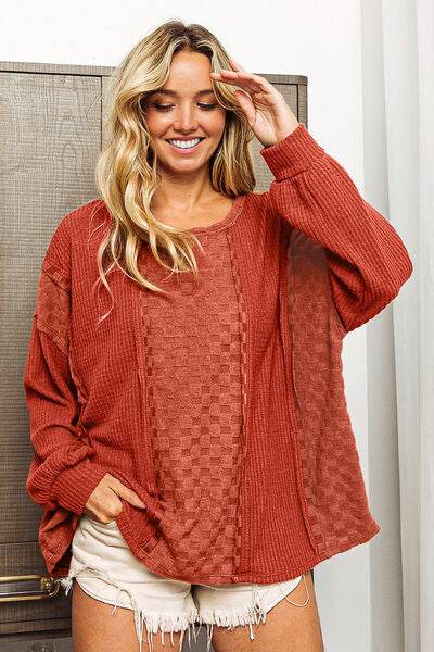 BiBi Checkered Spliced Long Sleeve Top - Hovatok