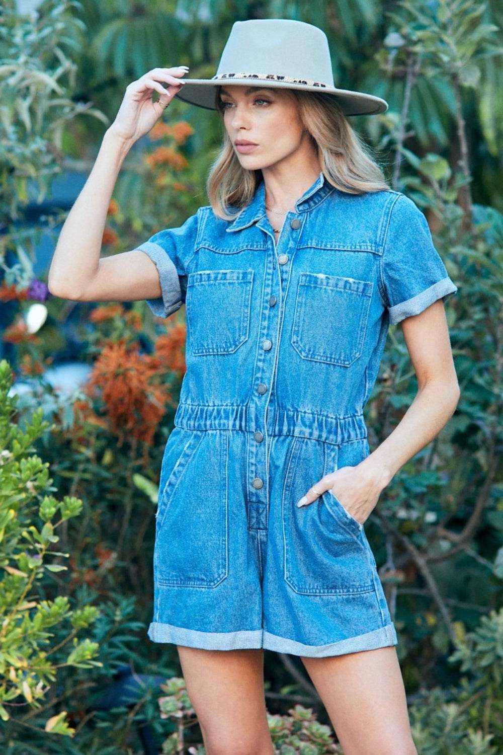 Veveret Elastic Waistband Denim Romper - Hovatok