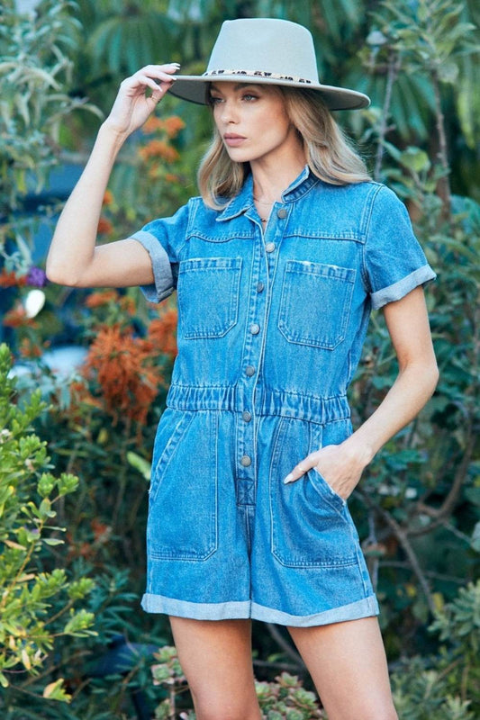 Veveret Elastic Waistband Denim Romper - Hovatok