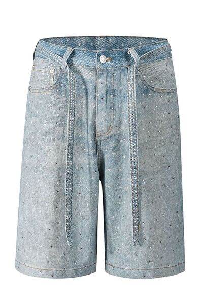 Men's Washed Rhinestone Denim Bermuda Shorts - Hovatok