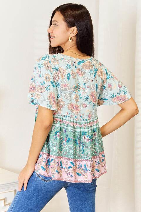 Perfee Floral Tie Neck Short Sleeve Blouse - Hovatok
