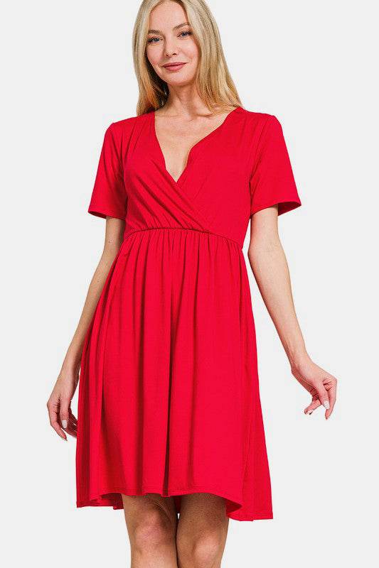 Zenana Surplice Short Sleeve Brushed DTY Dress - Hovatok