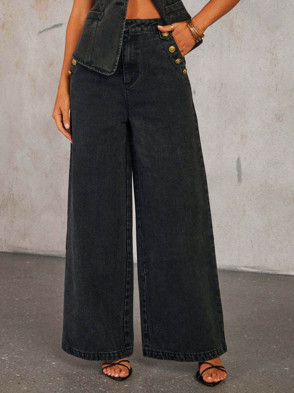 Button Down Vest and Wide Leg Jeans Denim Set - Hovatok