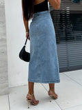 Front Button Slit Midi Denim Skirt - Hovatok