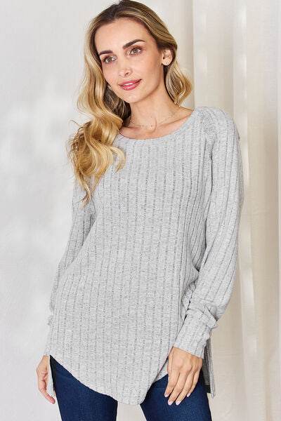Basic Bae Full Size Ribbed Round Neck Slit T-Shirt - Hovatok