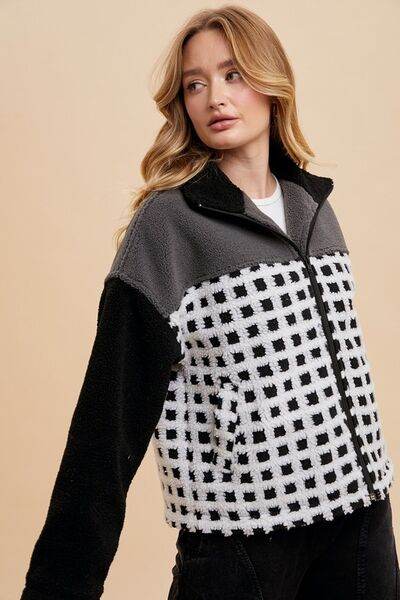 Annie Wear Plaid Zip Up Drop Shoulder Sherpa Jacket - Hovatok