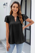 Ruffled Notched Short Sleeve Blouse - Hovatok