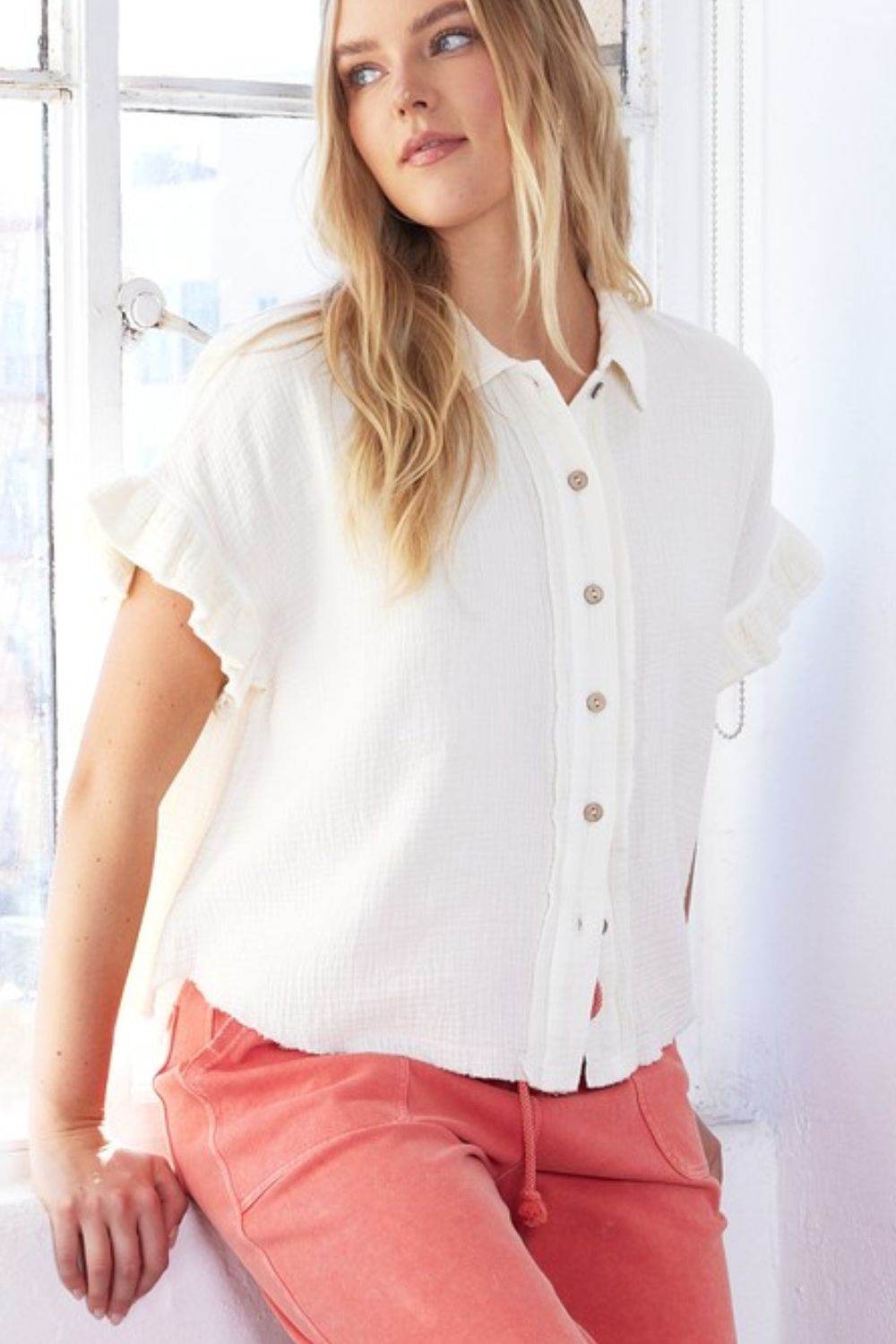 Mittoshop Mineral Washed Button Down Flounce Sleeve Shirt - Hovatok