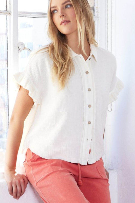 Mittoshop Mineral Washed Button Down Flounce Sleeve Shirt - Hovatok