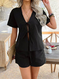 Devine Tied V-Neck Short Sleeve Top and Shorts Set - Hovatok