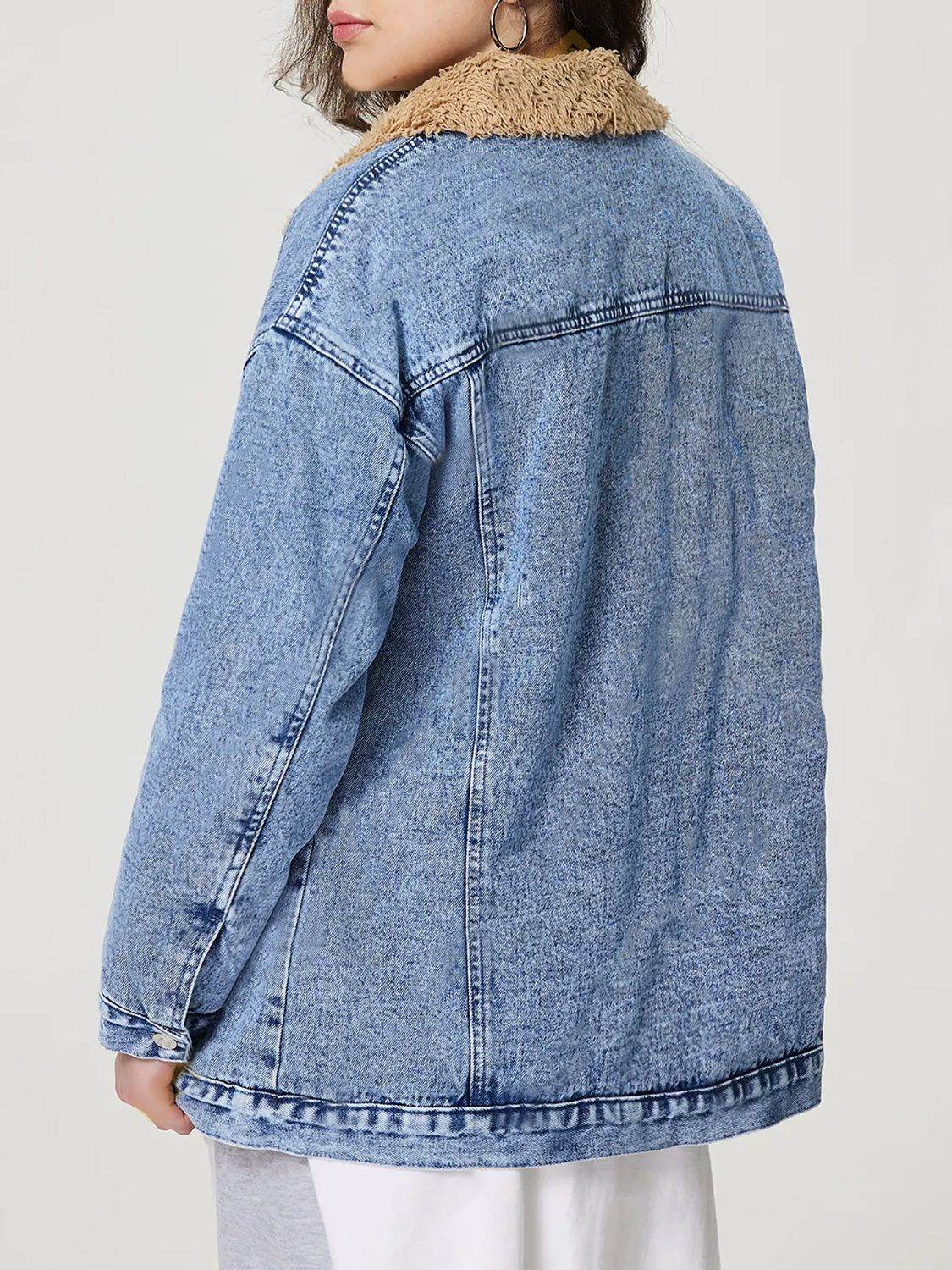 Button Up Collared Neck Plush Denim Jacket - Hovatok