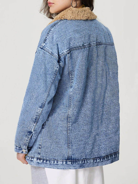 Button Up Collared Neck Plush Denim Jacket - Hovatok