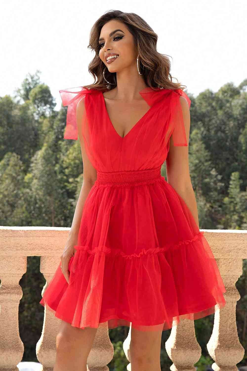 V-Neck Shoulder Detail Mesh Dress - Hovatok