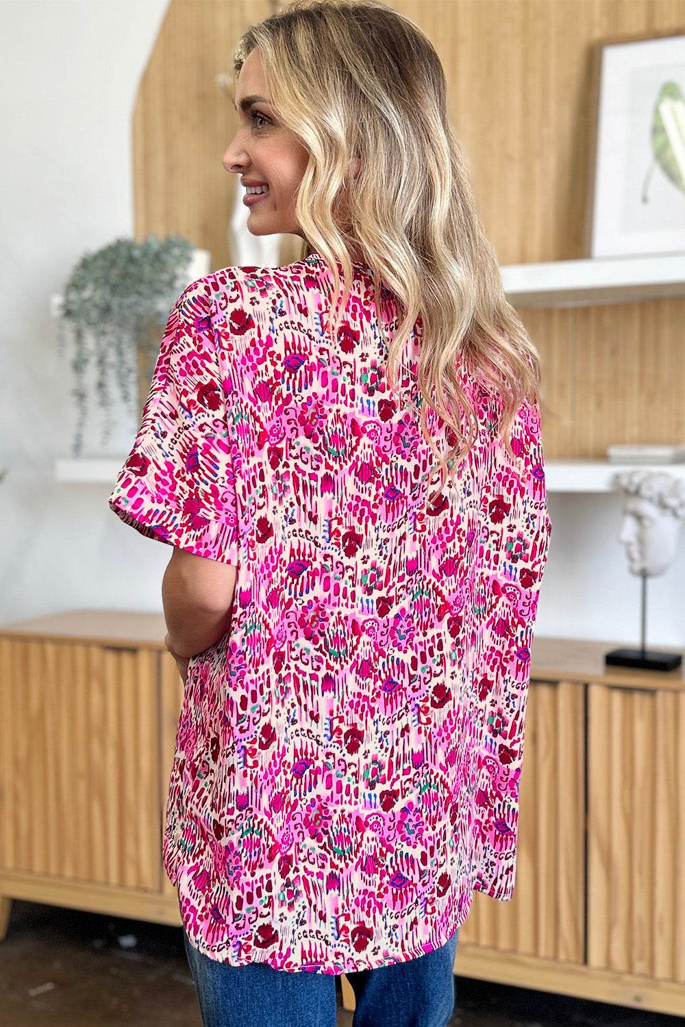 Double Take Full Size Printed V-Neck Short Sleeve Blouse - Hovatok