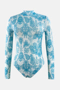 Printed Mock Neck Long Sleeve One-Piece Swimwear - Hovatok