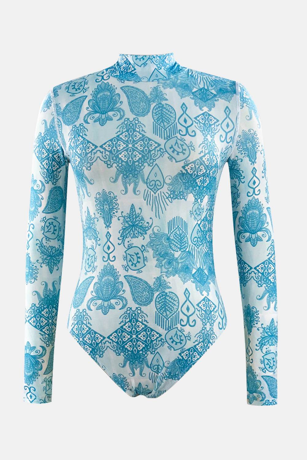 Printed Mock Neck Long Sleeve One-Piece Swimwear - Hovatok