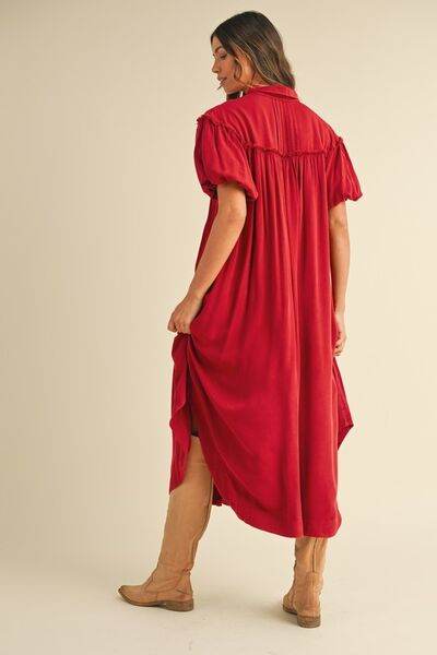 Annie Wear Mineral Washed Button Down Puff Sleeve Shirt Dress - Hovatok