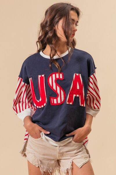 BiBi USA Letter Patchwork Contrast Short Sleeve T-Shirt - Hovatok