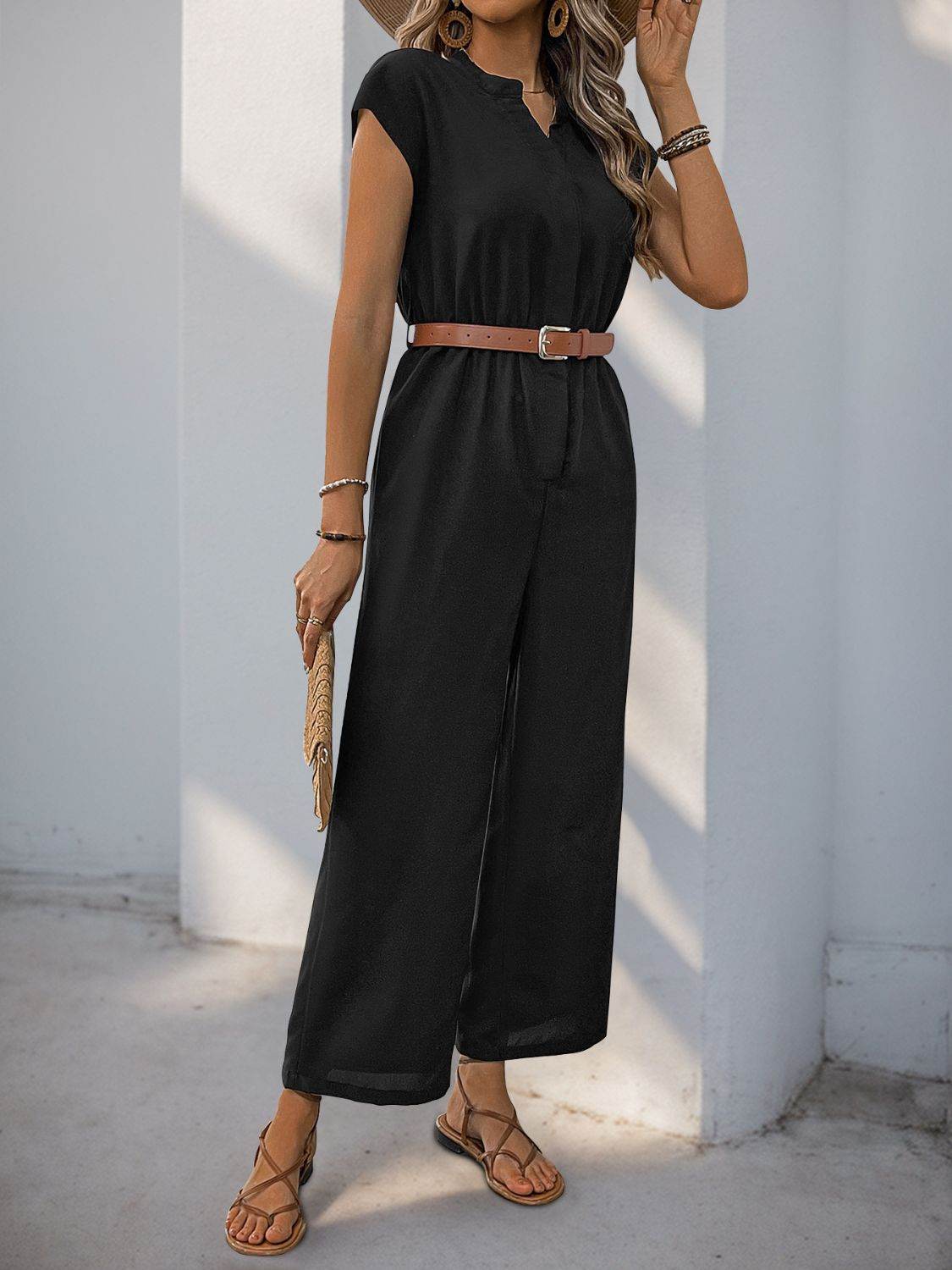 Perfee Notched Wide Leg Jumpsuit - Hovatok
