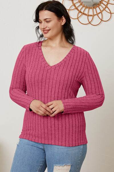 Basic Bae Full Size Ribbed V-Neck Long Sleeve T-Shirt - Hovatok
