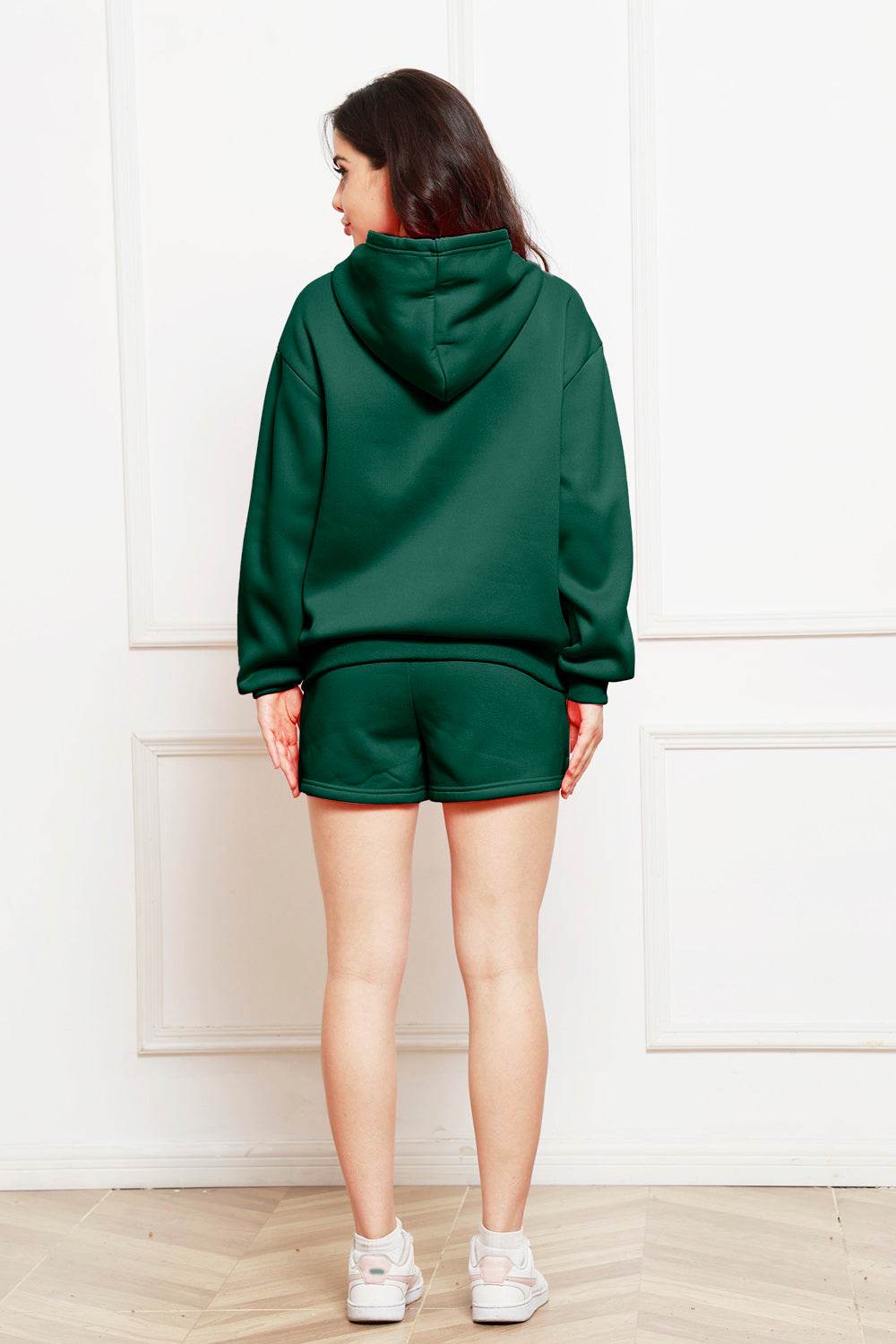 Drop Shoulder Long Sleeve Hoodie and Shorts Set - Hovatok