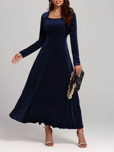Square Neck Long Sleeve Velvet Dress - Hovatok