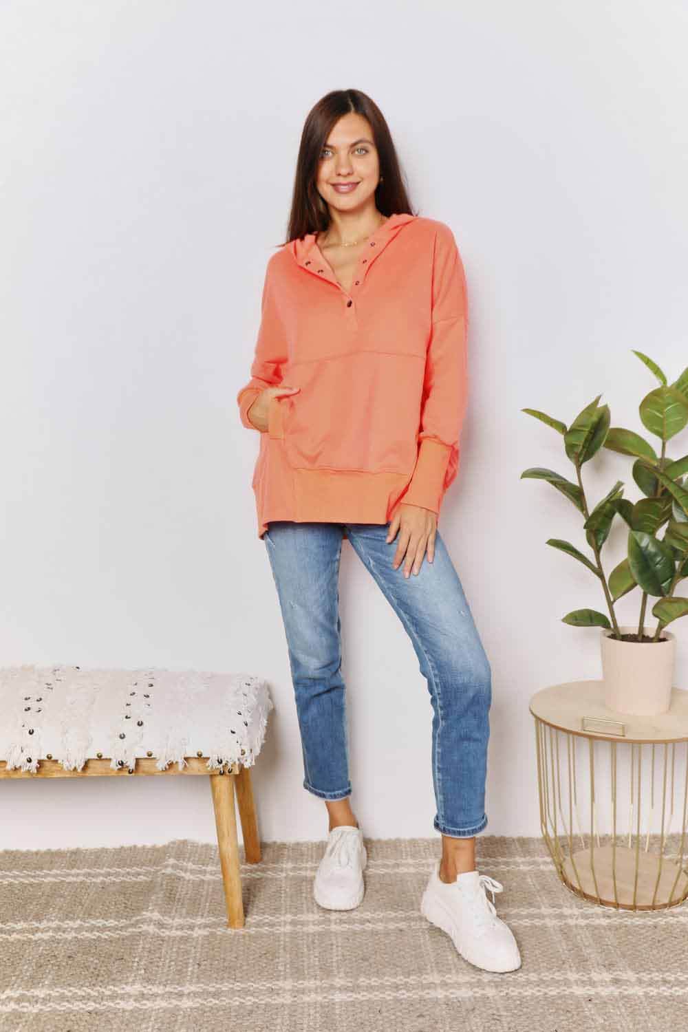 Double Take Quarter-Snap Dropped Shoulder Hoodie - Hovatok