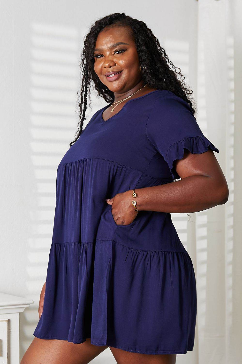 Mandy V-Neck Flounce Sleeve Tiered Dress - Hovatok