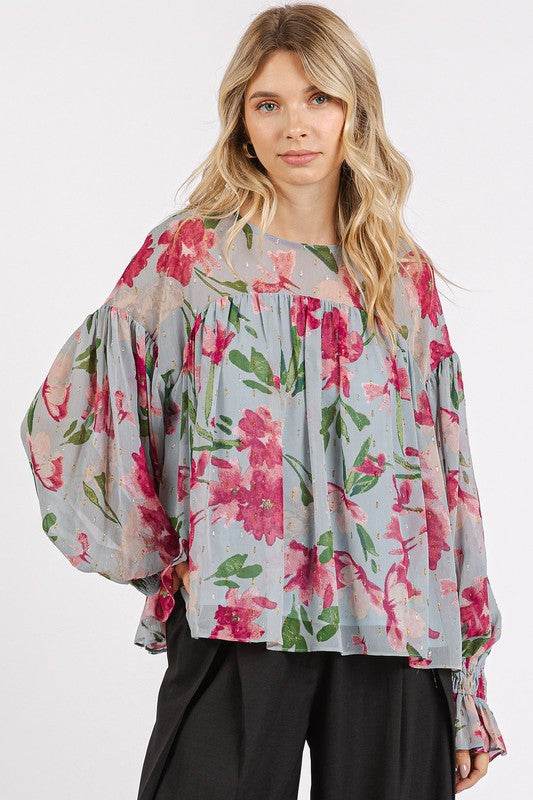 Mittoshop Floral Round Neck Flounce Sleeve Blouse - Hovatok