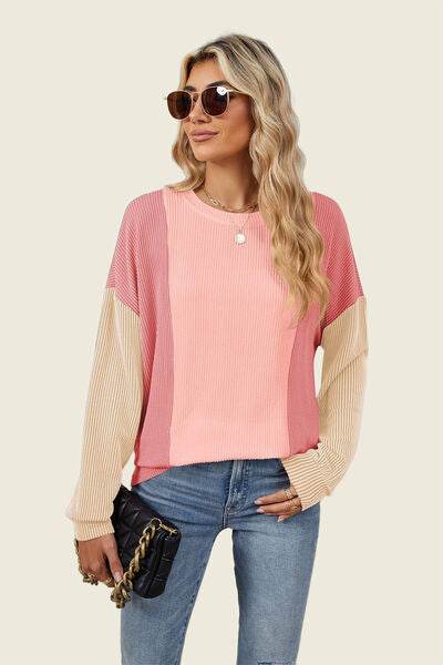 Double Take Texture Contrast Round Neck Long Sleeve T-Shirt - Hovatok