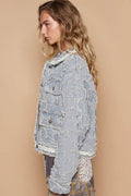 POL Star Textured Raw Hem Long Sleeve Denim Jacket - Hovatok