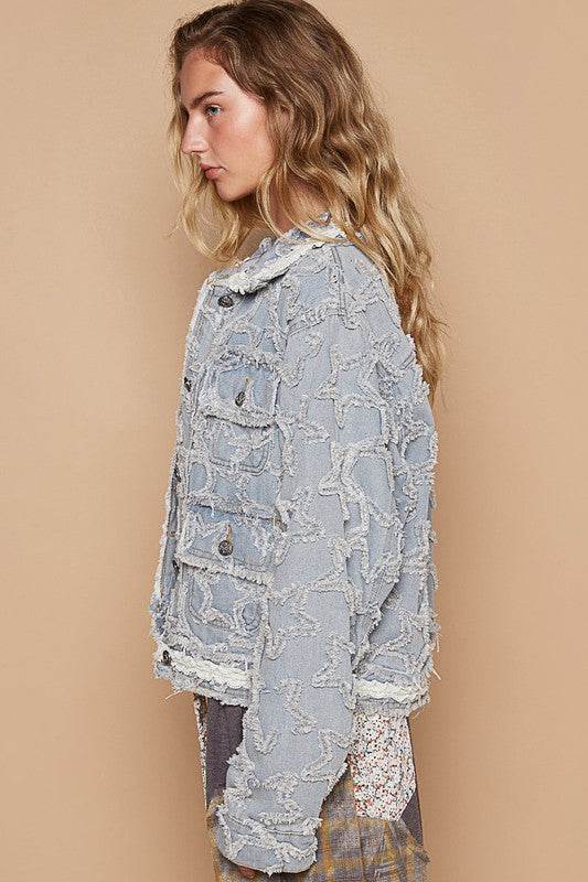 POL Star Textured Raw Hem Long Sleeve Denim Jacket - Hovatok