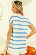 BiBi Striped Round Neck Short Sleeve Knit Top - Hovatok