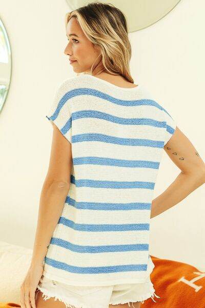 BiBi Striped Round Neck Short Sleeve Knit Top - Hovatok