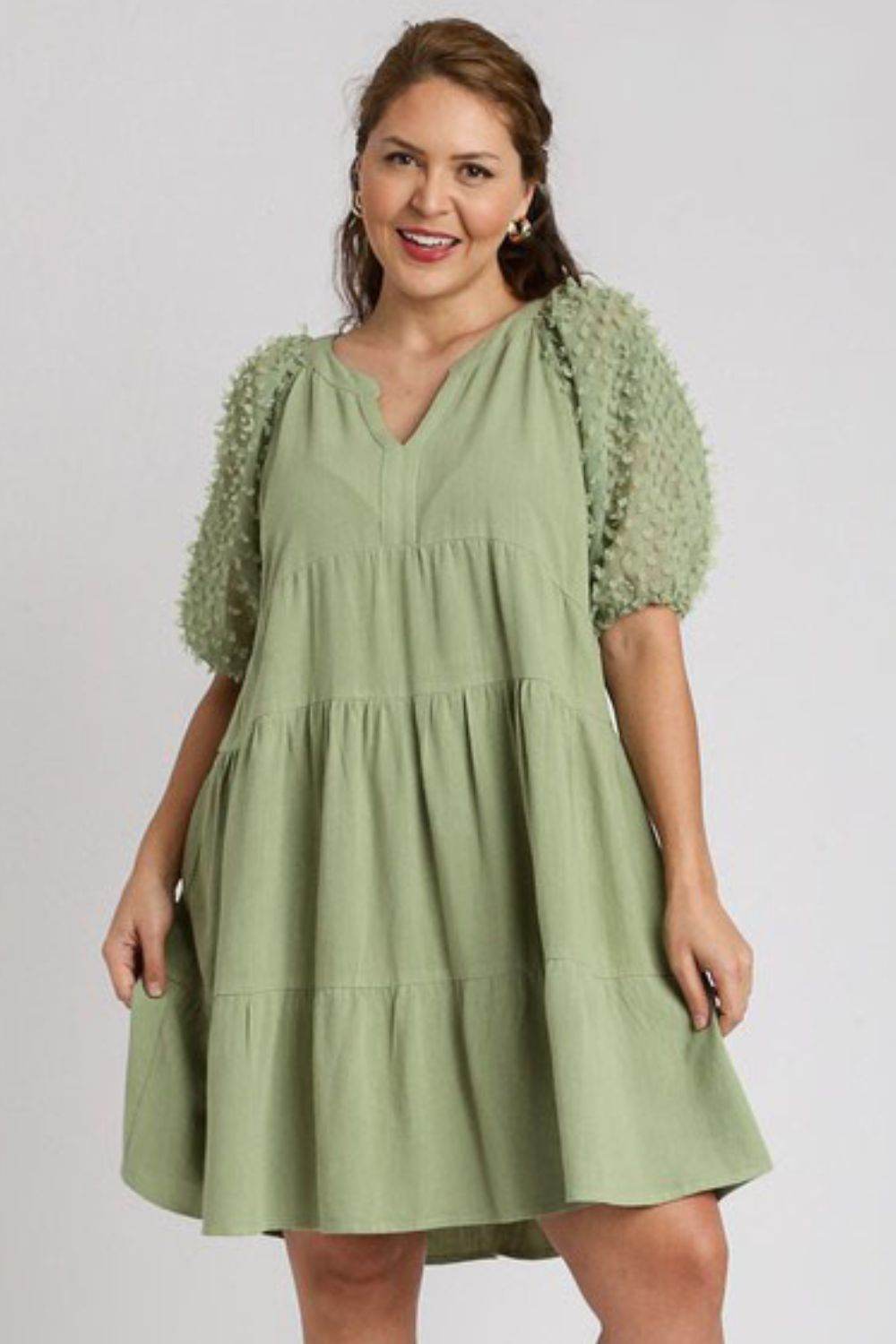 Umgee Full Size Linen Tiered A-Line Split Neck Dress Plus Size - Hovatok