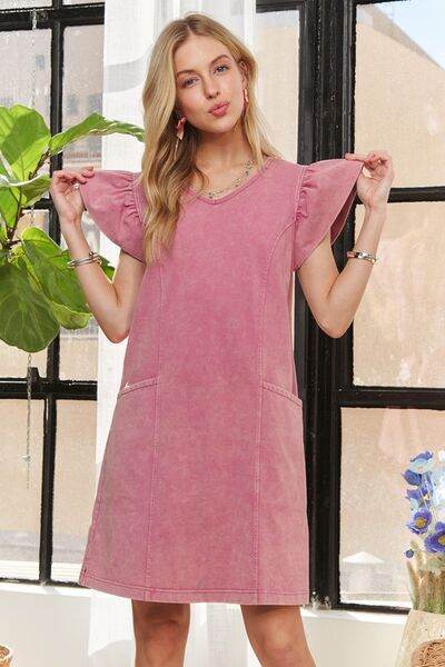 ADORA Mineral Washed V-Neck Ruffled Cap Sleeve Dress - Hovatok