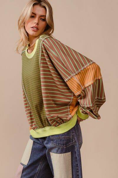 BiBi Color Block Striped Round Neck Sweatshirt - Hovatok