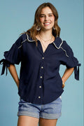 Umgee Full Size Embroidered Detail Button Down Shirt Plus Size - Hovatok