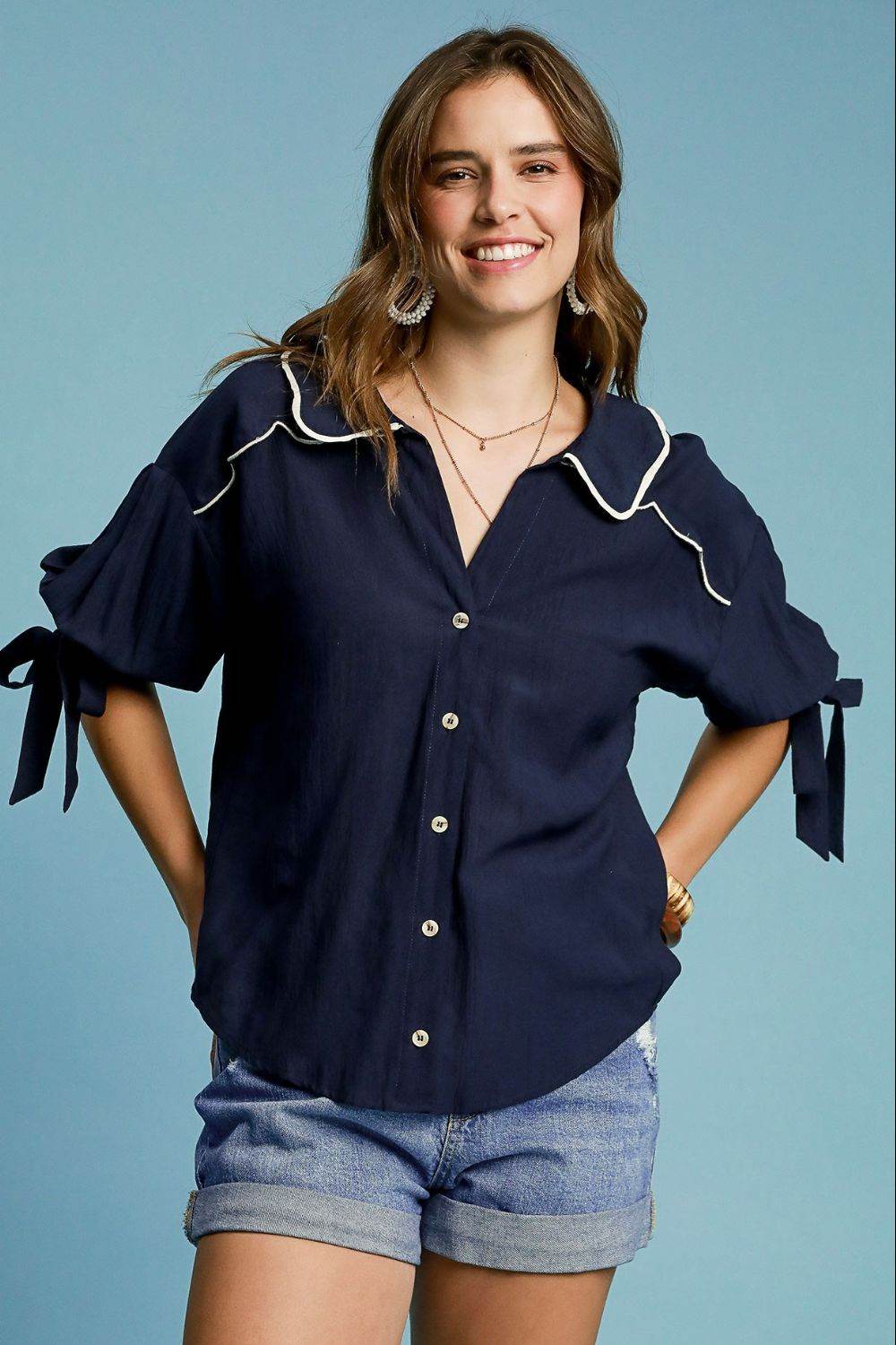 Umgee Full Size Embroidered Detail Button Down Shirt Plus Size - Hovatok