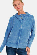 Zenana Washed Zip Up Hooded Jacket - Hovatok