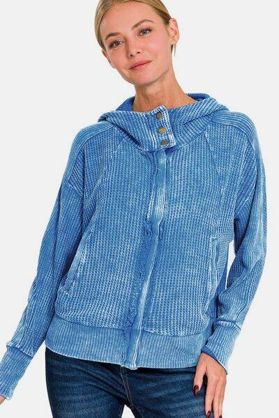 Zenana Washed Zip Up Hooded Jacket - Hovatok