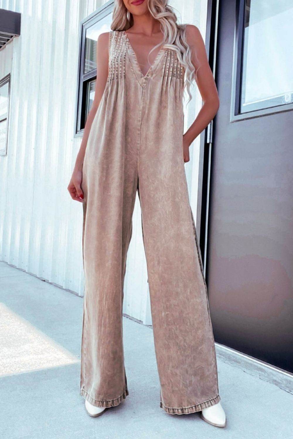 V-Neck Wide Leg Denim Jumpsuit - Hovatok