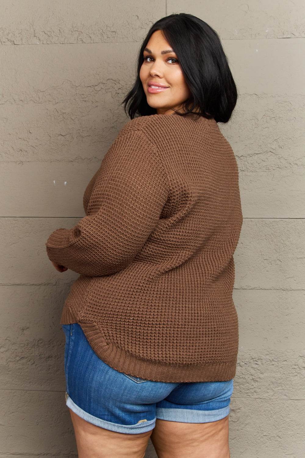 Zenana Breezy Days Plus Size High Low Waffle Knit Sweater - Hovatok