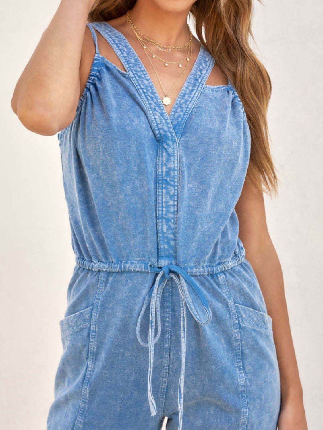 V-Neck Sleeveless Denim Jumpsuit - Hovatok