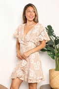 Double Take Floral Lace Pompom Detail Tie-Waist Flutter Sleeve Dress - Hovatok
