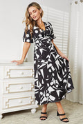 Printed Surplice Balloon Sleeve Dress - Hovatok